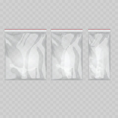 Realistic Transparent Plastic Bag Mockup Set with White Header. Vector Polybag Packaging Template with Hang Tab.