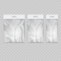 Realistic Transparent Plastic Bag Mockup Set with White Header. Vector Polybag Packaging Template with Hang Tab.