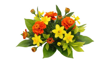 Obraz premium A cheerful floral arrangement featuring vibrant orange marigolds and bright yellow daffodils isolated on transparent background