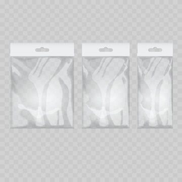 Realistic Transparent Plastic Bag Mockup Set with White Header. Vector Polybag Packaging Template with Hang Tab.