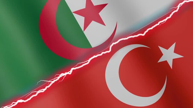 Two waving flags Algeria and Turkey with diagonal lightning seamless, 4k loop