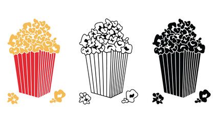 An illustration of three popcorn buckets in different colors and styles