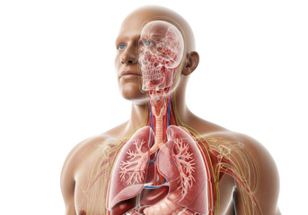 3d illustration showing the human respiratory system including trachea bronchi and lungs inside a male torso isolated on transparent background