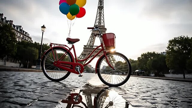 A vibrant red vintage bicycle with a colorful bunch of balloons tied to the handlebars stands parked near the iconic Eiffel Tower in Paris.