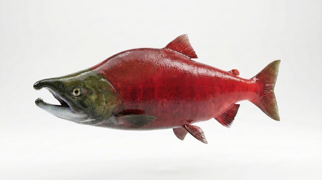 Vibrant red sockeye salmon with a distinctive green head and open mouth, swimming against a clean white background.