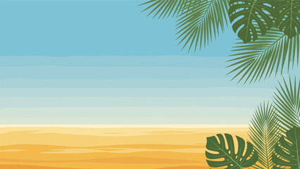 Naklejka premium Tropical beach background with layers of sand and sea framed by green palm and monstera leaves in the corners for summer holiday concepts.