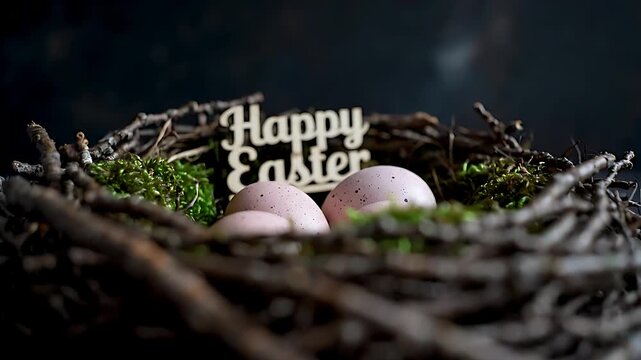 Rustic bird's nest featuring speckled pink eggs nestled among dark twigs and vibrant green moss, highlighted by a small wooden happy easter decoration for spring celebration.