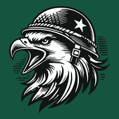 Patriotic American Eagle Head Wearing Military Helmet Vector Illustration