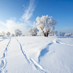 Fototapeta premium Winter Wonderland - A Serene Landscape of Snow-Covered Trees and Footprints Under a Clear Blue Sky.