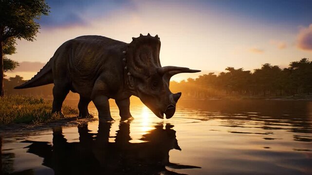 A triceratops stands by the serene lake at sunset with reflection on the calm water