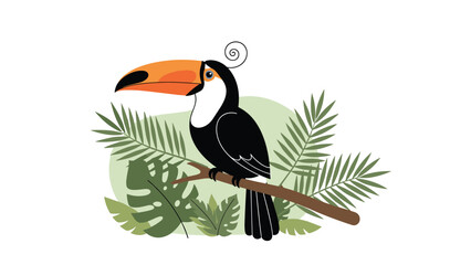 Obraz premium Colorful toucan bird perched on a wooden branch surrounded by tropical palm and monstera leaves for exotic wildlife illustration art and posters.