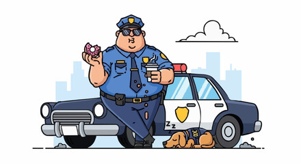 Cartoon Police Officer Enjoying Coffee and Donut Next to Patrol Car. © milah