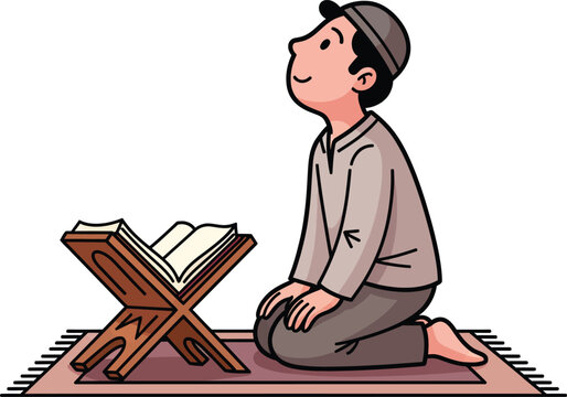 Cartoon illustration of a devout Muslim boy kneeling in prayer on a rug before the Holy Quran.