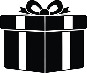 Obraz premium Minimalist black silhouette of a present box with a large bow and crisscross ribbon pattern on transparent background