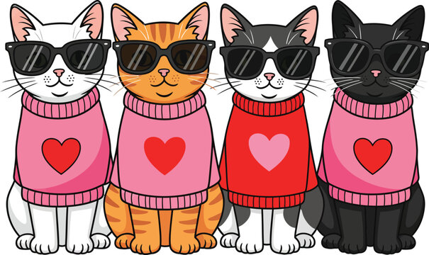 Four cool cartoon cats in sunglasses and cozy sweaters with heart designs sitting in a row.