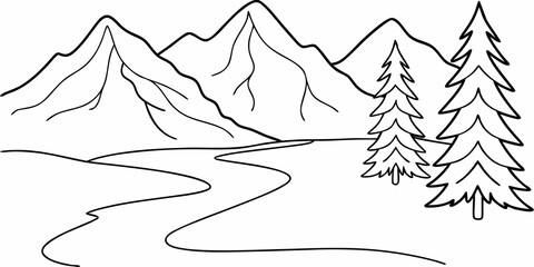 Fototapeta premium A simple line drawing depicting mountains trees and a winding river