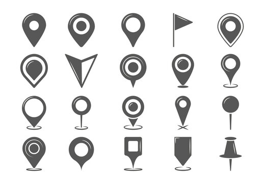 Black And White Pin Map Marker Pointer Locator Navigation Icons Set