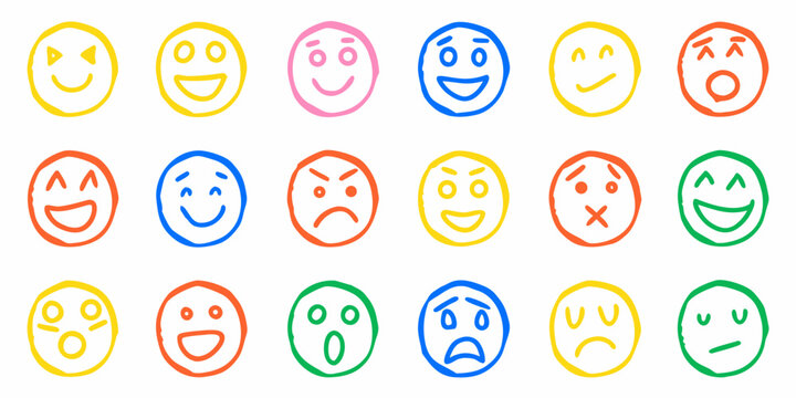 Collection of colorful hand drawn style emoji faces displaying various emotions