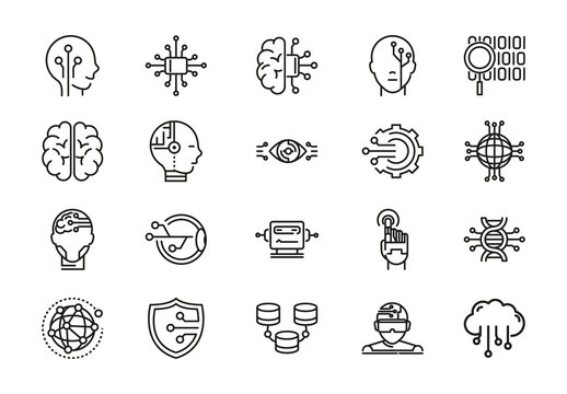 Black And White Brain Circuit AI Cyber Tech Innovation Icons Set