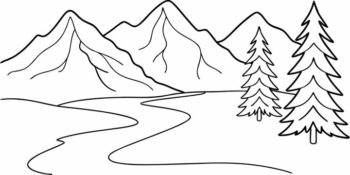 A simple line drawing depicting mountains trees and a winding river