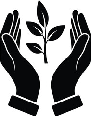 Obraz premium Care and growth concept with human hands protecting young green plant sprout for environmental ecology in vector art