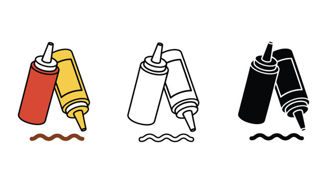 A colorful illustration of ketchup and mustard bottles in different styles