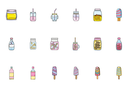 Colorful Summer Drinks Doodle Icons Set