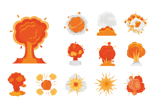 Colorful Explosion Fire Boom Cartoon Illustrations Set