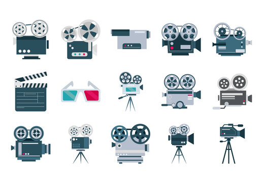 Colorful Vintage Camera Movie Film Icons Set