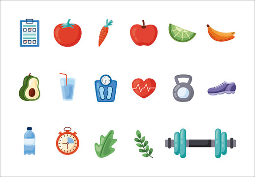 Colorful Fitness Health Lifestyle Illustrations Set