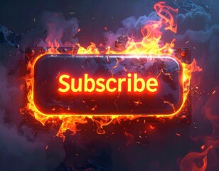 A neon-lit subscribe button surrounded by fiery flames and smoke
