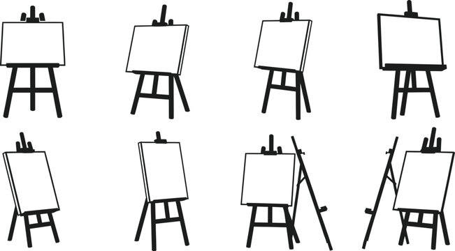 A collection of eight black silhouette art easels in varying perspectives on transparent background high quality professional detailed modern elegant stylish