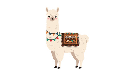 Obraz premium Cute cartoon llama illustration standing sideways, wearing a colorful festive necklace and a traditional patterned saddle blanket.