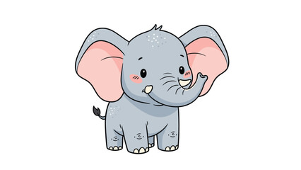 Fototapeta premium Adorable grey baby elephant cartoon with large pink ears and a smiling face, standing on a white background in a playful pose.