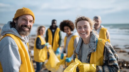 Community beach cleanup group people collecting waste,  environmental awareness, sustainable action concept