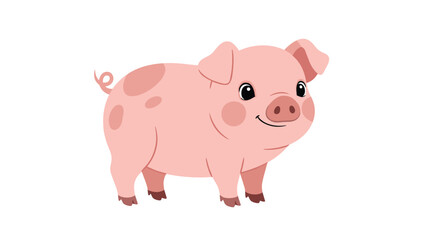 Fototapeta premium Cute pink pig cartoon character with brown spots and a curly tail, smiling and standing in a profile view on a white background.