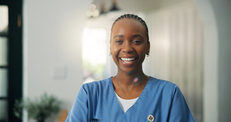 Healthcare, portrait and smile of nurse black woman in apartment for assisted living or home care....