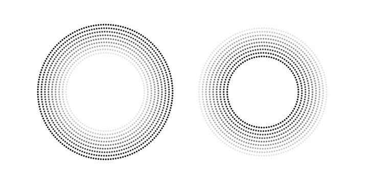 Circle dot frame. Circular border with effect halftone. Modern faded ring. Semitone shape round. Point sphere boarder. Dotted geometric pattern. Graphic small dots element for design prints