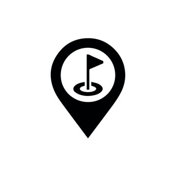 A black vector graphic icon of a golf flag in a location pin on a white background