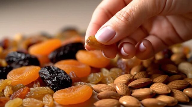 Hand picking dried fruits and nuts for healthy snacking