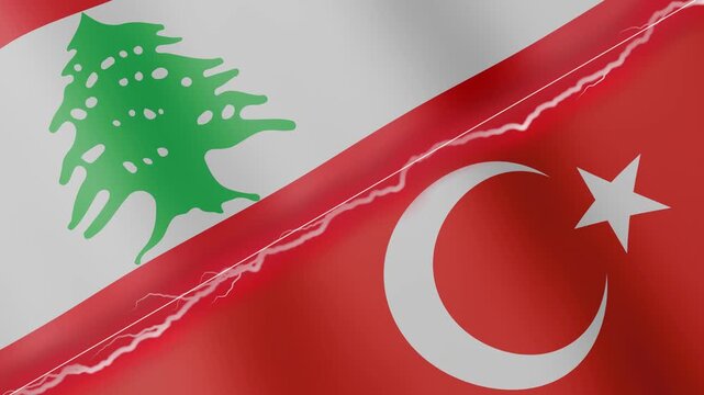 Two waving flags Lebanon and Turkey with diagonal lightning seamless, 4k loop
