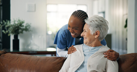 Happy, caregiver or old woman in house with hug, understanding or empathy in assisted living....