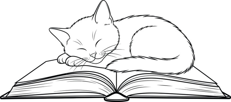 A serene drawing of a cat peacefully sleeping on an open book ideal for design projects on transparent background silhouette