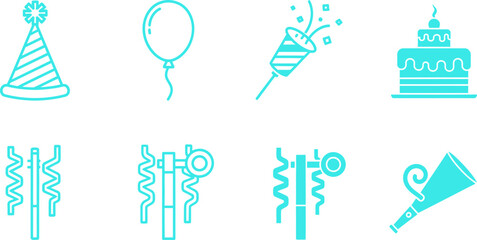 Cyan party including hat balloon noisemaker cake and confetti celebration birthday