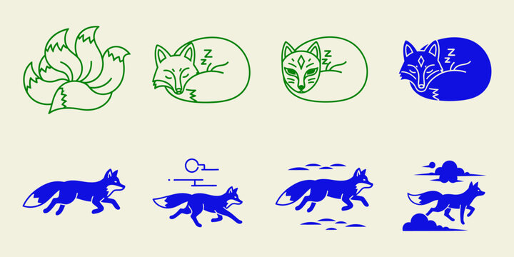 Collection of stylized fox in green and blue on a cream background animal symbol sleeping