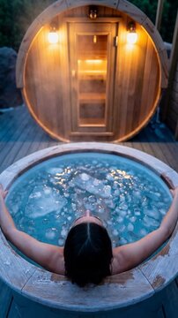 Woman enjoying an ice bath outdoors next to a warmly lit sauna, creating a serene spa-like environment focused on relaxation and wellness therapy. Video made using Generative AI.
