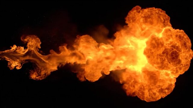 A burst of fiery orange and yellow flames erupts against a dark background