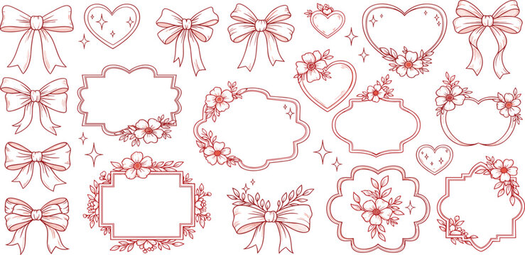 Collection of ornate red frames and decorative bows in various shapes and designs for romantic themes