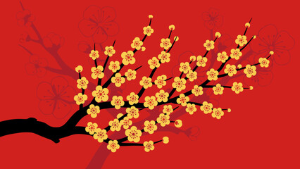 Golden Blossoms on Branch with Red Background.