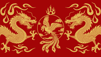 Fototapeta premium Golden Dragons in Traditional Chinese Design.